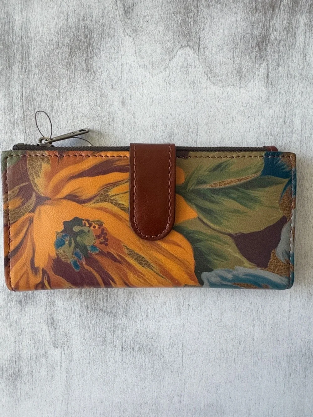 Patricia Nash NAZARI Leather Bifold Wallet Floral Marigold Harvest Blue Brown